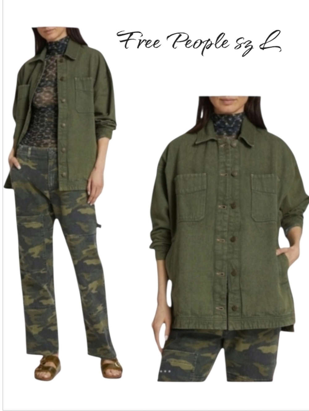 NWT Free People Green Jacket Denim Oversized Sz L